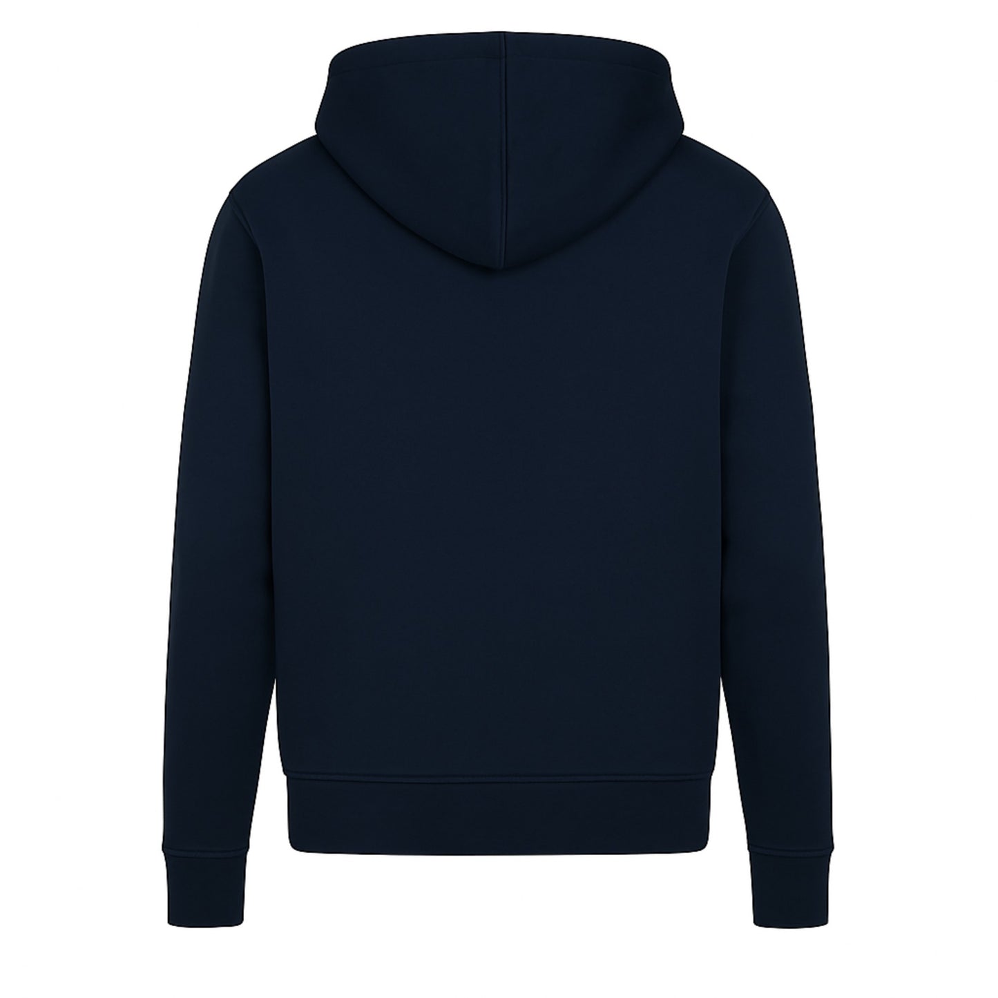 Navy blue hoodie shown from the back on a white background