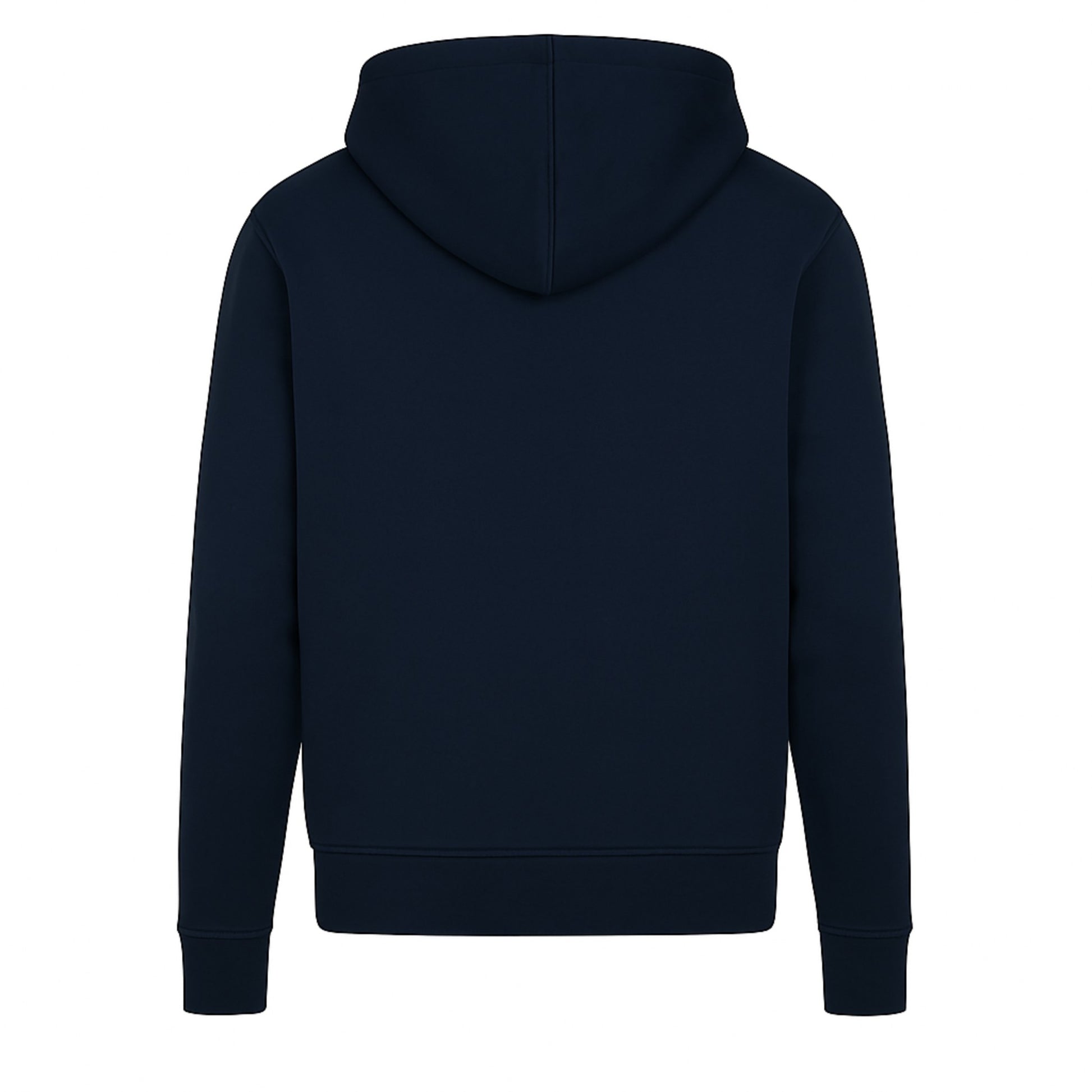 Navy blue hoodie shown from the back on a white background