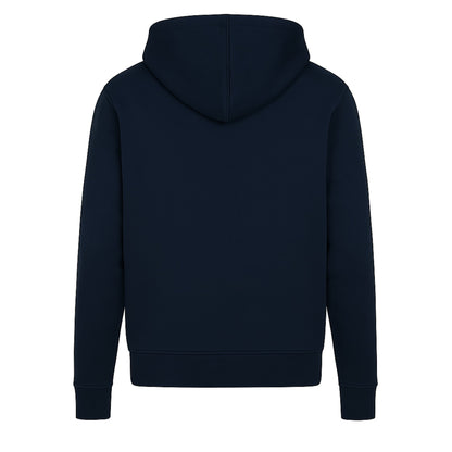 Navy blue hoodie shown from the back on a white background