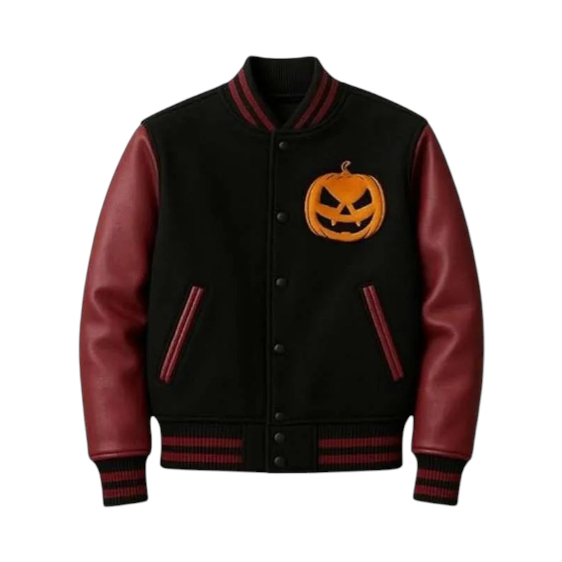 Black varsity jacket with red sleeves and a pumpkin patch design on a white background