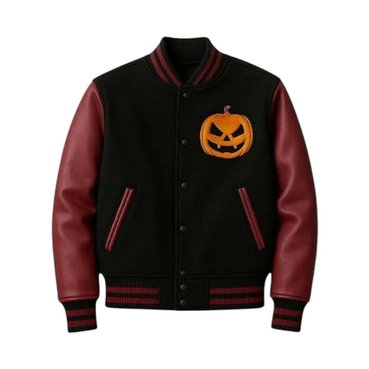 Black varsity jacket with red sleeves and a pumpkin patch design on a white background