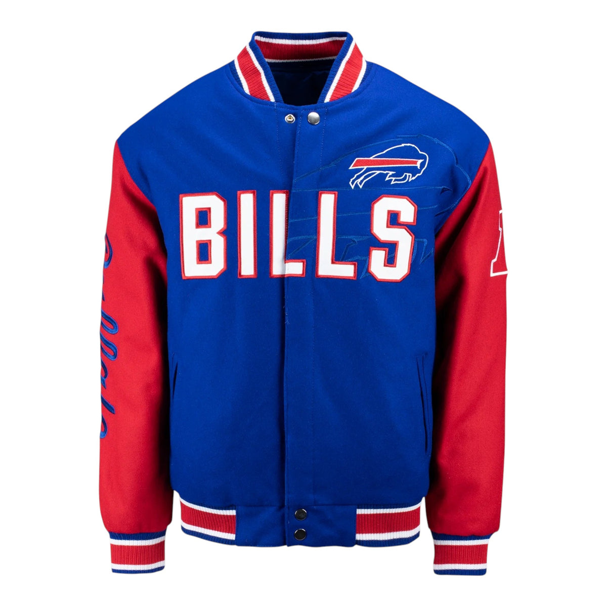 Blue and red jacket with 'BILLS' text and logo on a white background