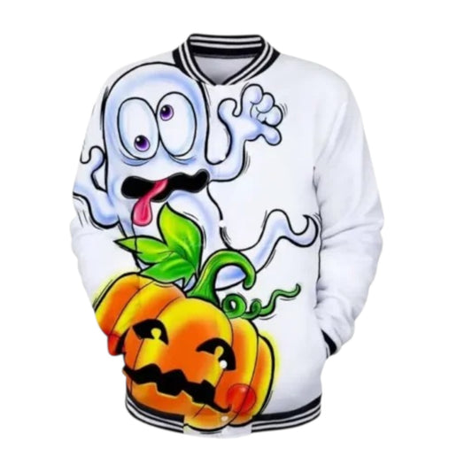 Ghost Pumpkin Varsity Jacket – White Halloween Streetwear Style
