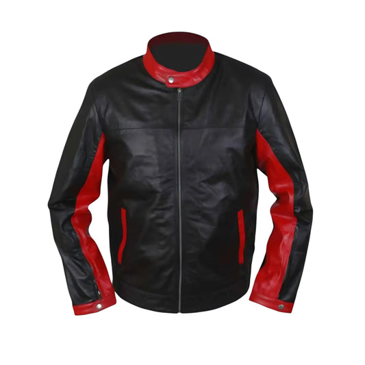 Black leather jacket with red accents on a white background