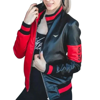 Person wearing a black and red jacket with a white background