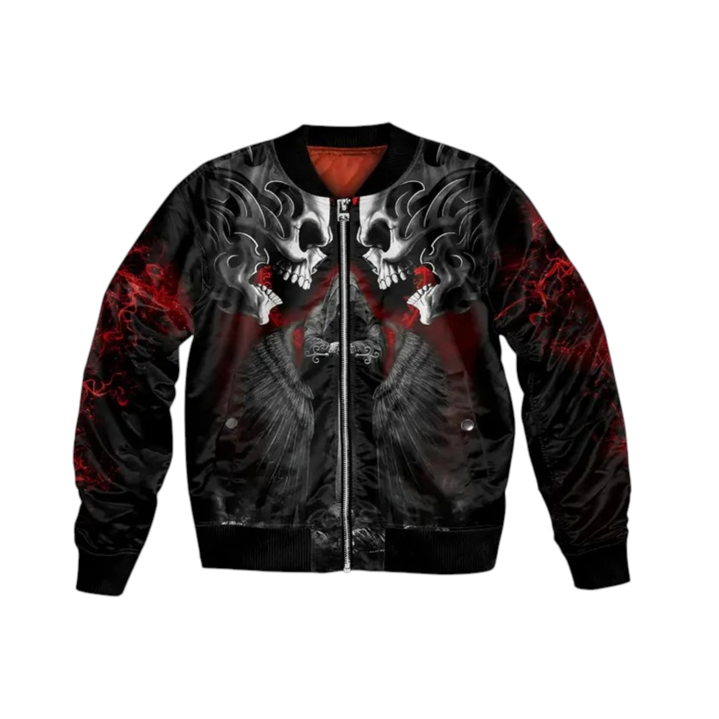 Black bomber jacket with skull design on a white background