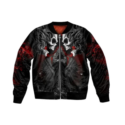 Black bomber jacket with skull design on a white background