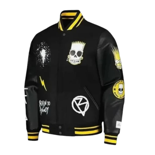 Black varsity jacket with yellow accents and various designs on a white background