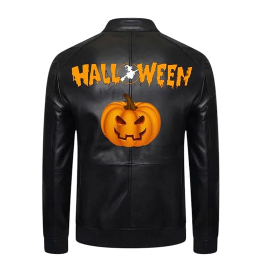 Black leather jacket with Halloween design featuring a pumpkin and text on a white background