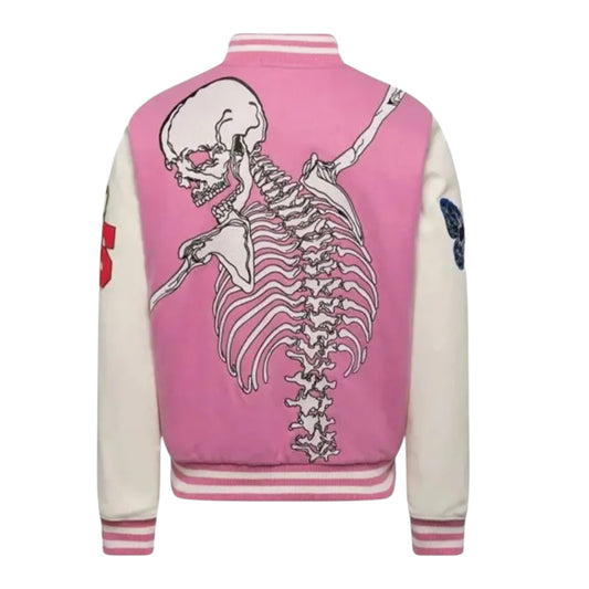 Pink jacket with skeleton design on the back against a white background