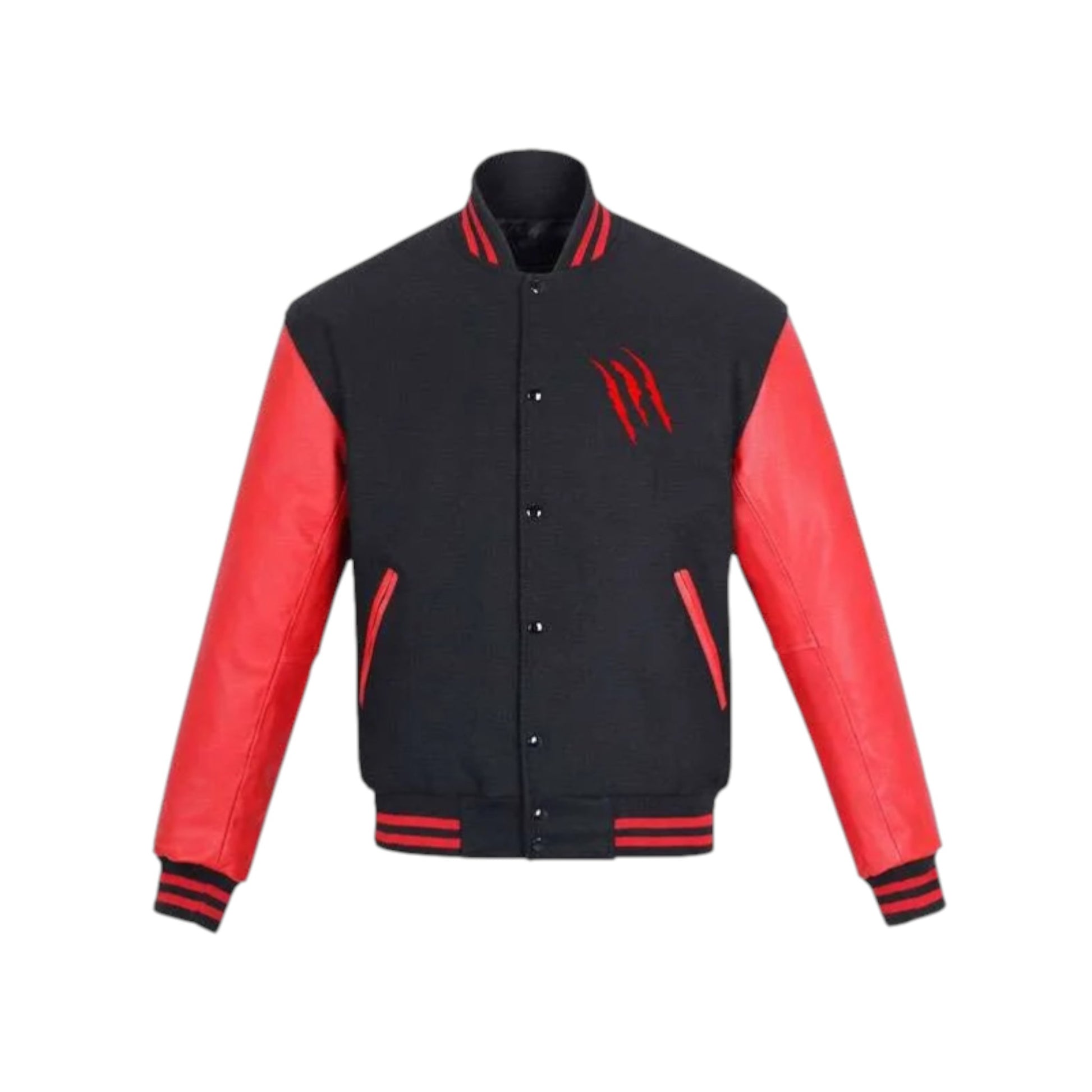 Black and red varsity jacket with a logo on a white background