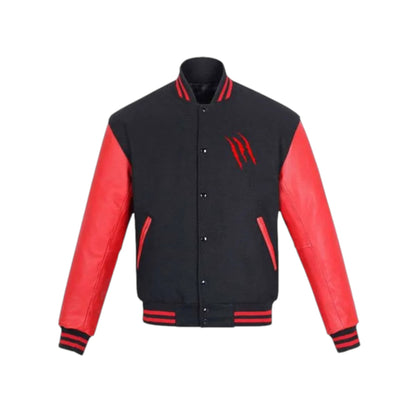 Black and red varsity jacket with a logo on a white background