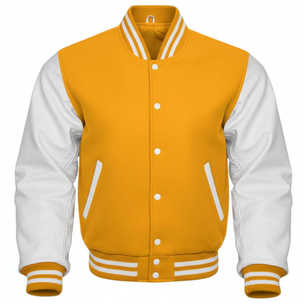 Yellow and white varsity jacket on a white background