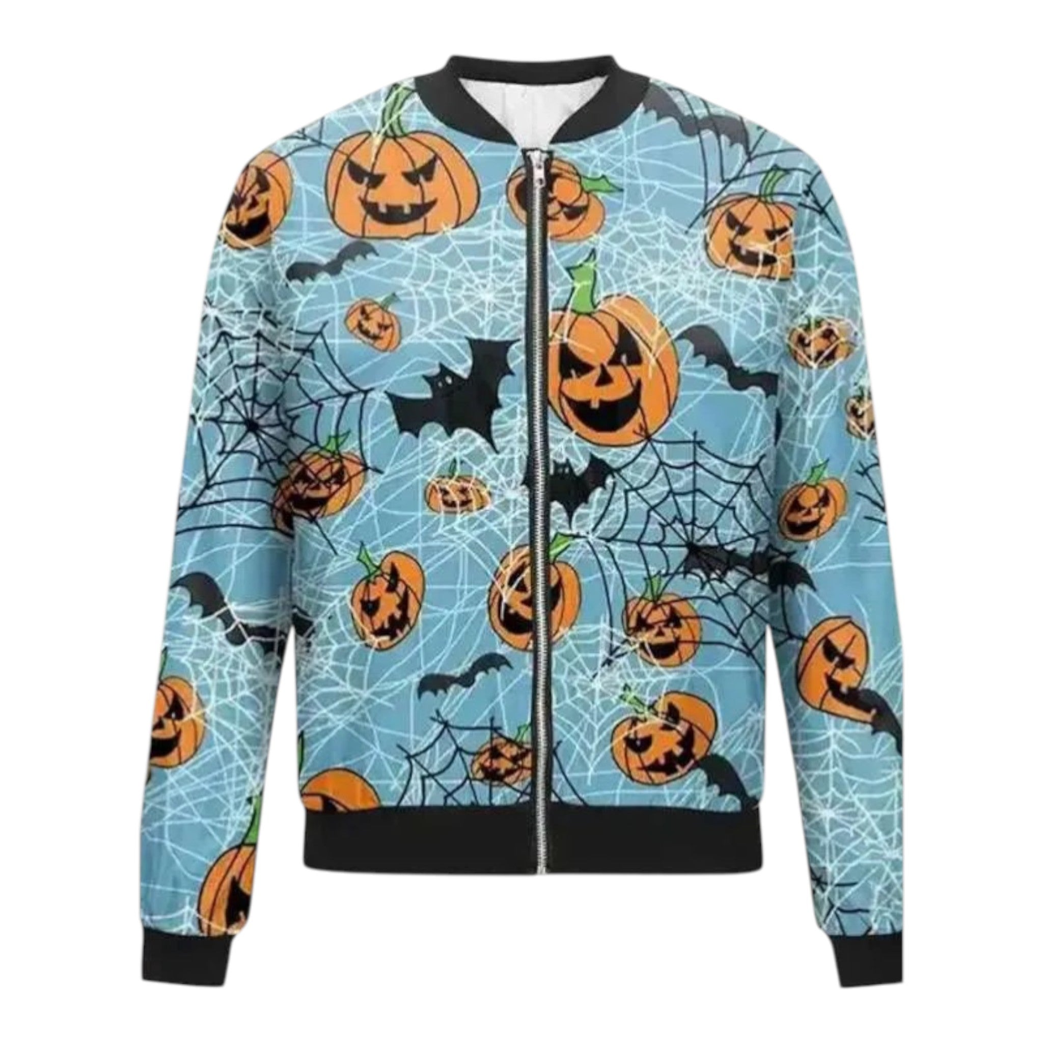 Halloween-themed jacket with pumpkins and bats on a blue background
