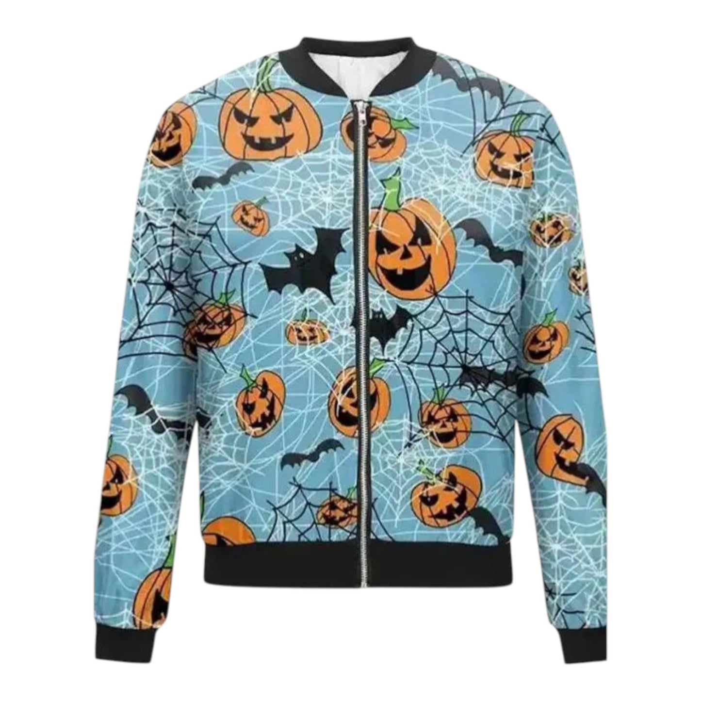 Halloween-themed jacket with pumpkins and bats on a blue background