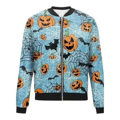 Halloween-themed jacket with pumpkins and bats on a blue background