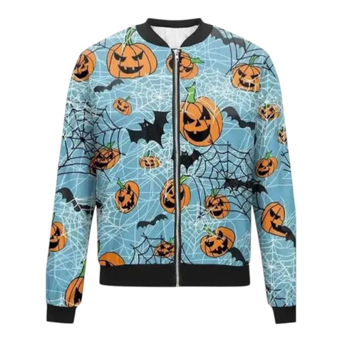 Halloween-themed jacket with pumpkins and bats on a blue background