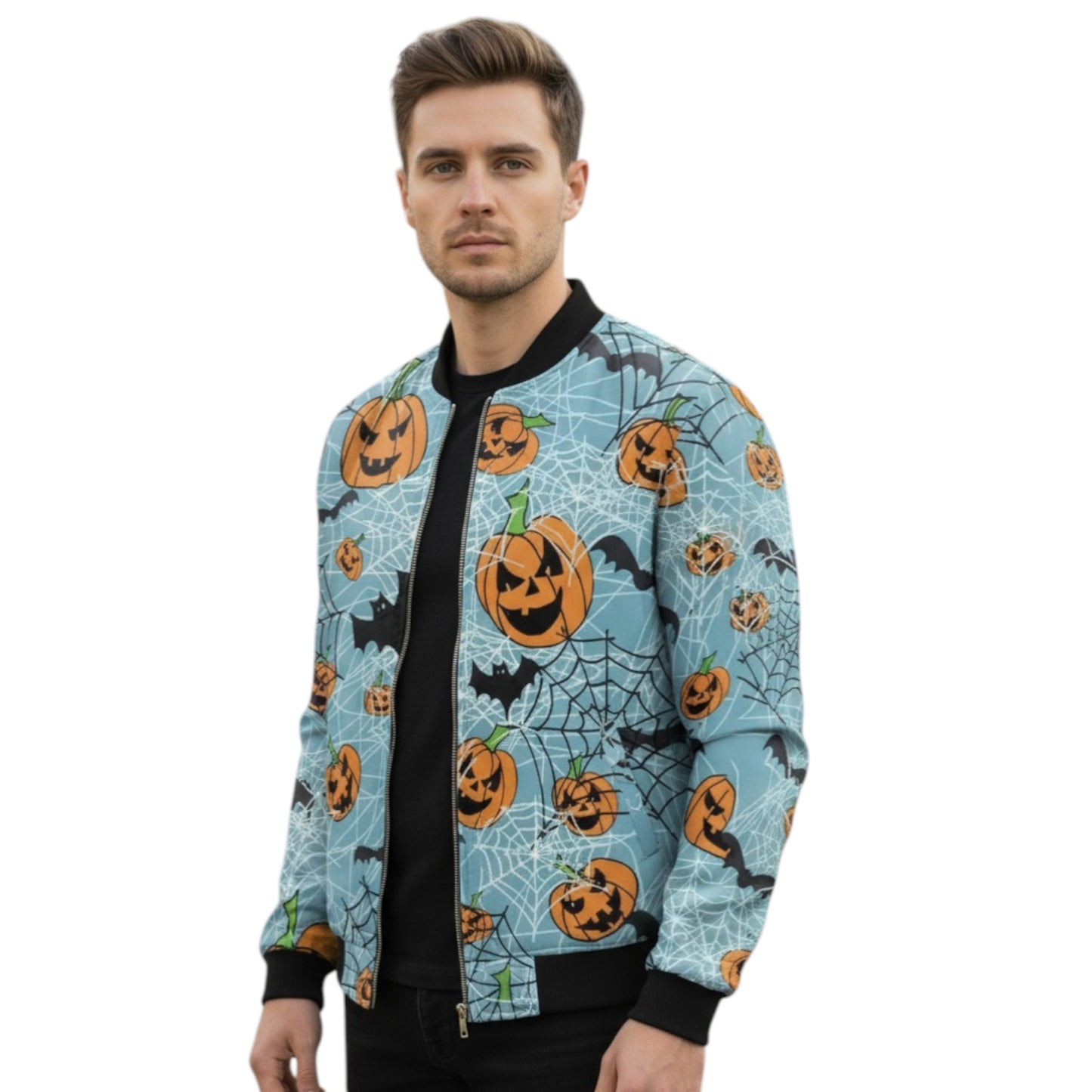 Man wearing a Halloween-themed bomber jacket with pumpkins and bats on a white background