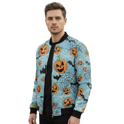 Man wearing a Halloween-themed bomber jacket with pumpkins and bats on a white background