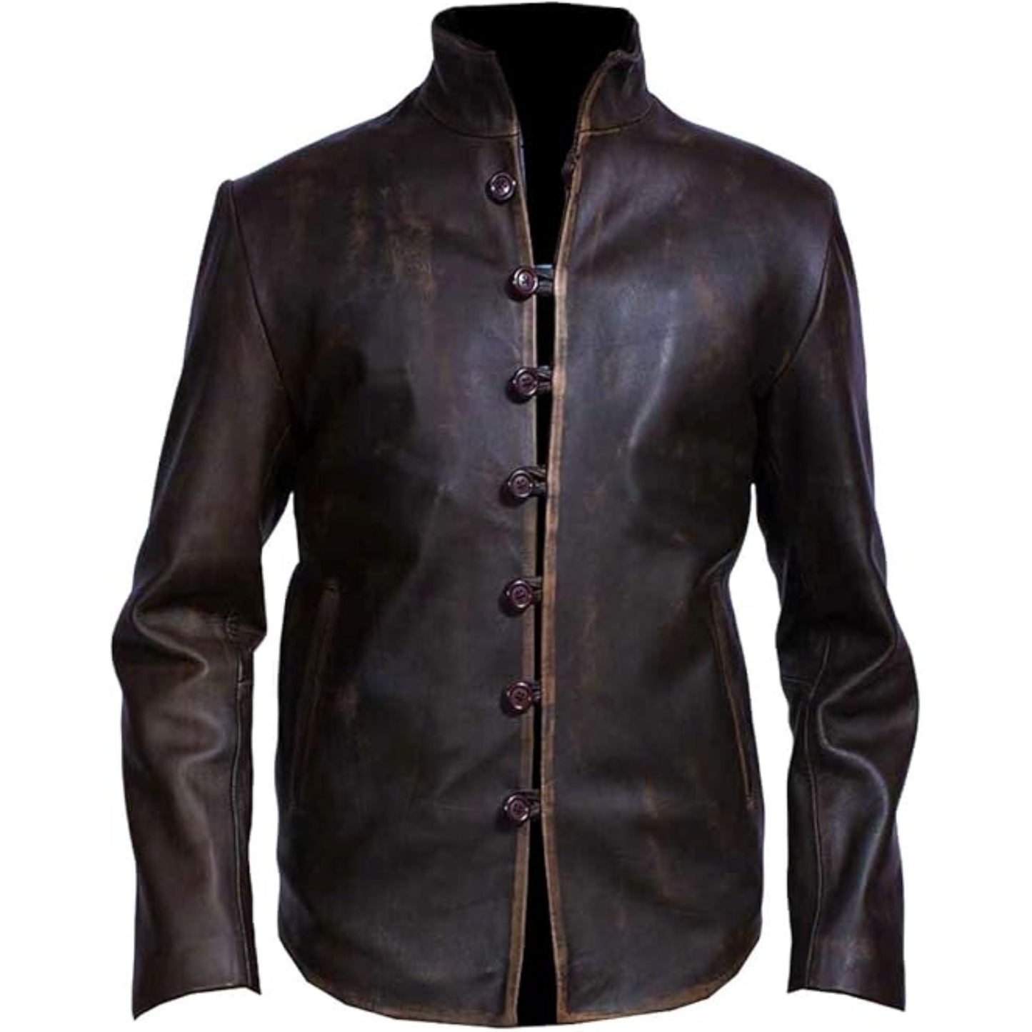 Brown leather jacket with buttons on a white background