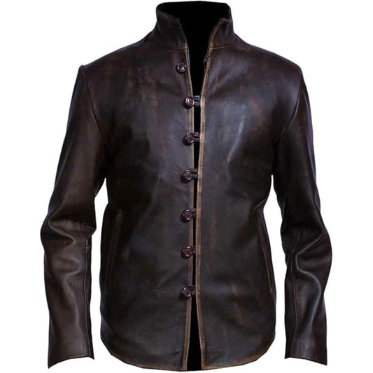 Brown leather jacket with buttons on a white background