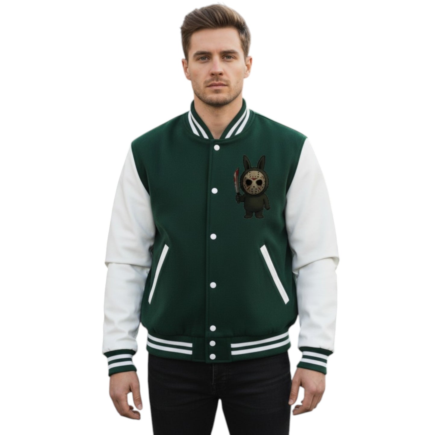 Man wearing a green and white varsity jacket with a small graphic on a white background