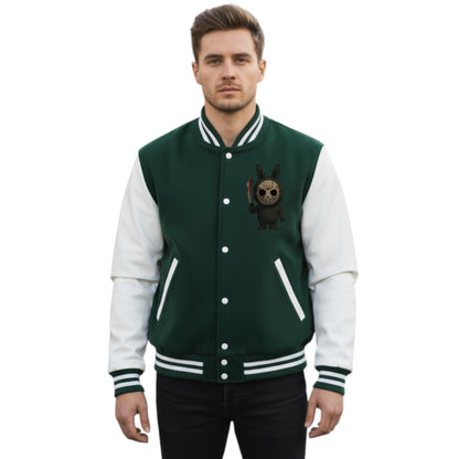 Man wearing a green and white varsity jacket with a small graphic on a white background