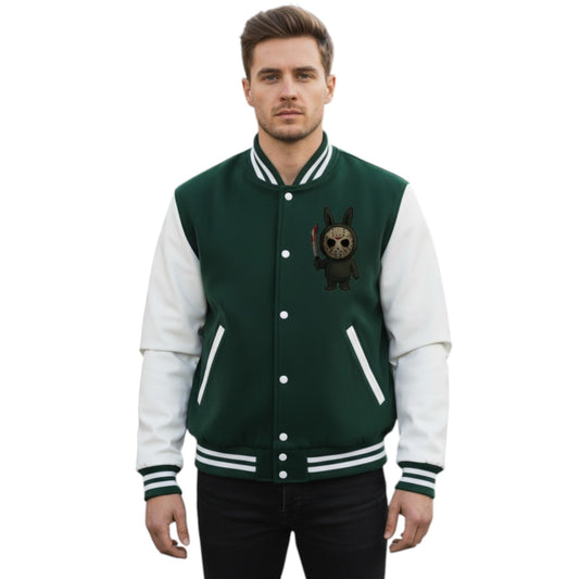 Man wearing a green and white varsity jacket with a small graphic on a white background