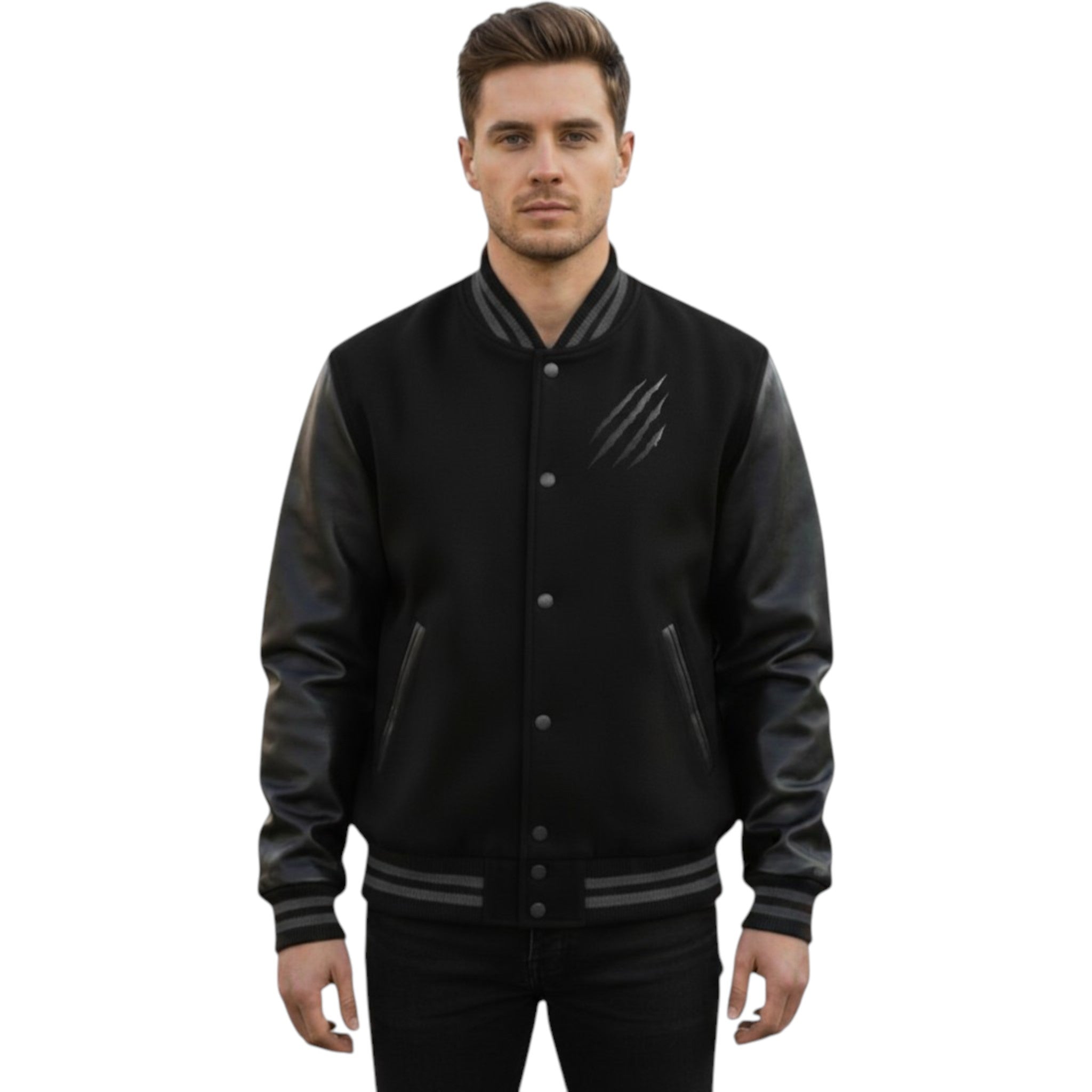Man wearing a black varsity jacket with leather sleeves on a white background