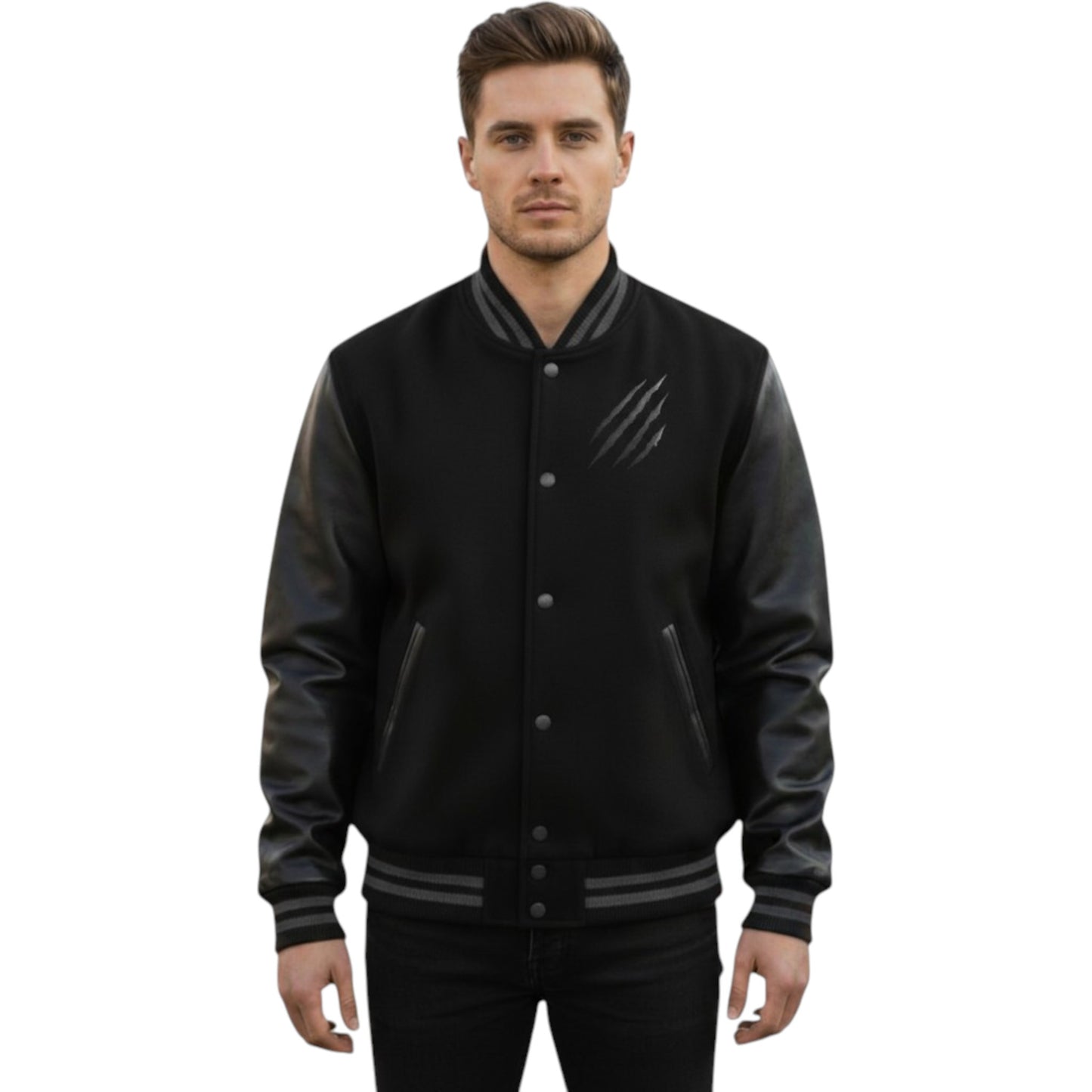 Man wearing a black varsity jacket with leather sleeves on a white background