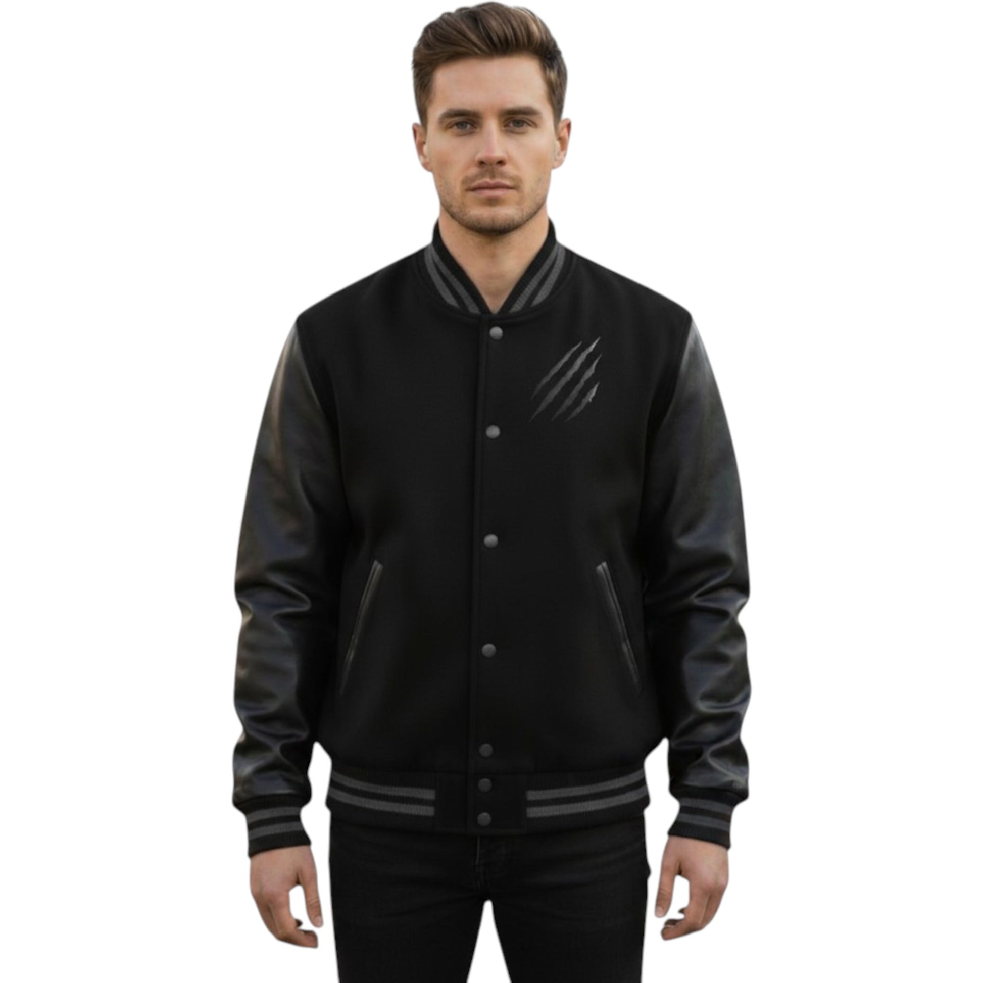 Man wearing a black varsity jacket with leather sleeves on a white background