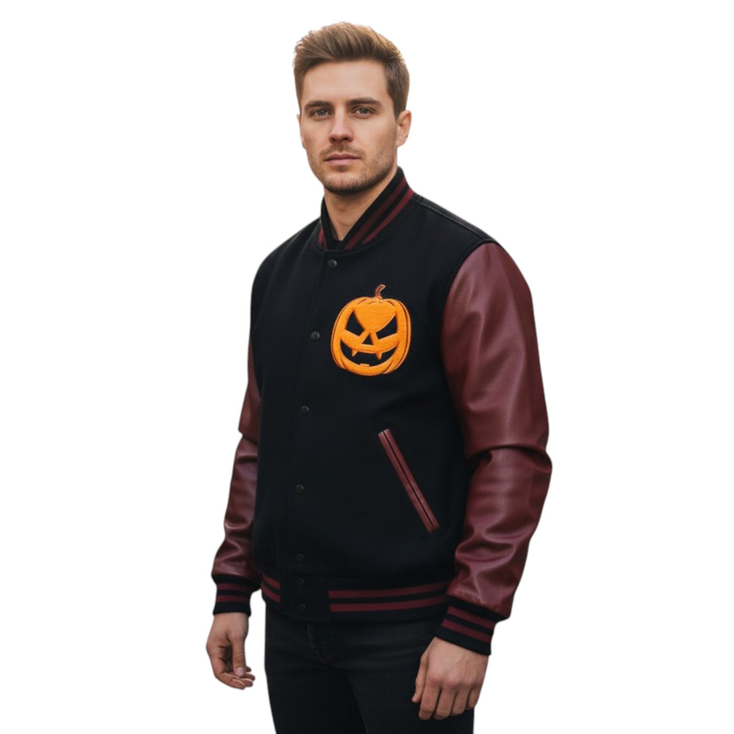 Man wearing a black and red varsity jacket with a pumpkin design on a white background