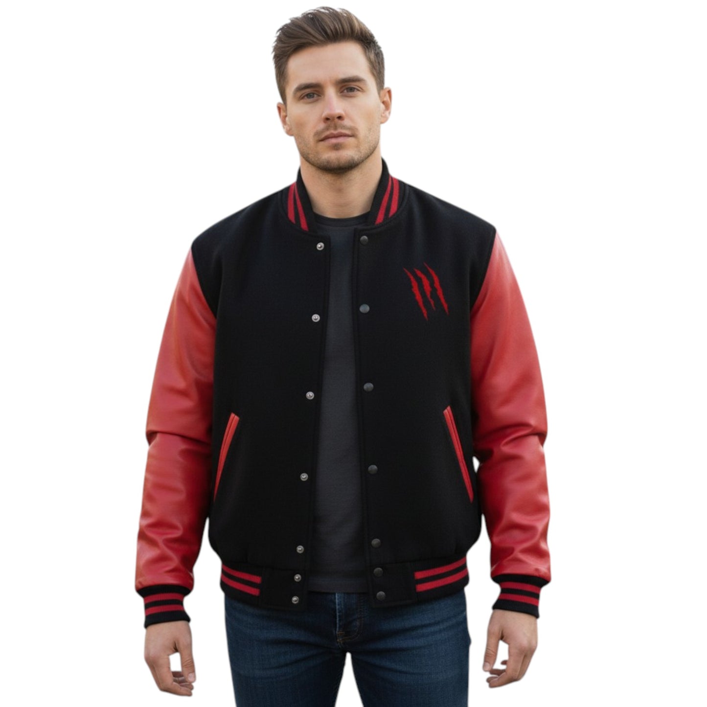 Man wearing a black and red varsity jacket on a white background
