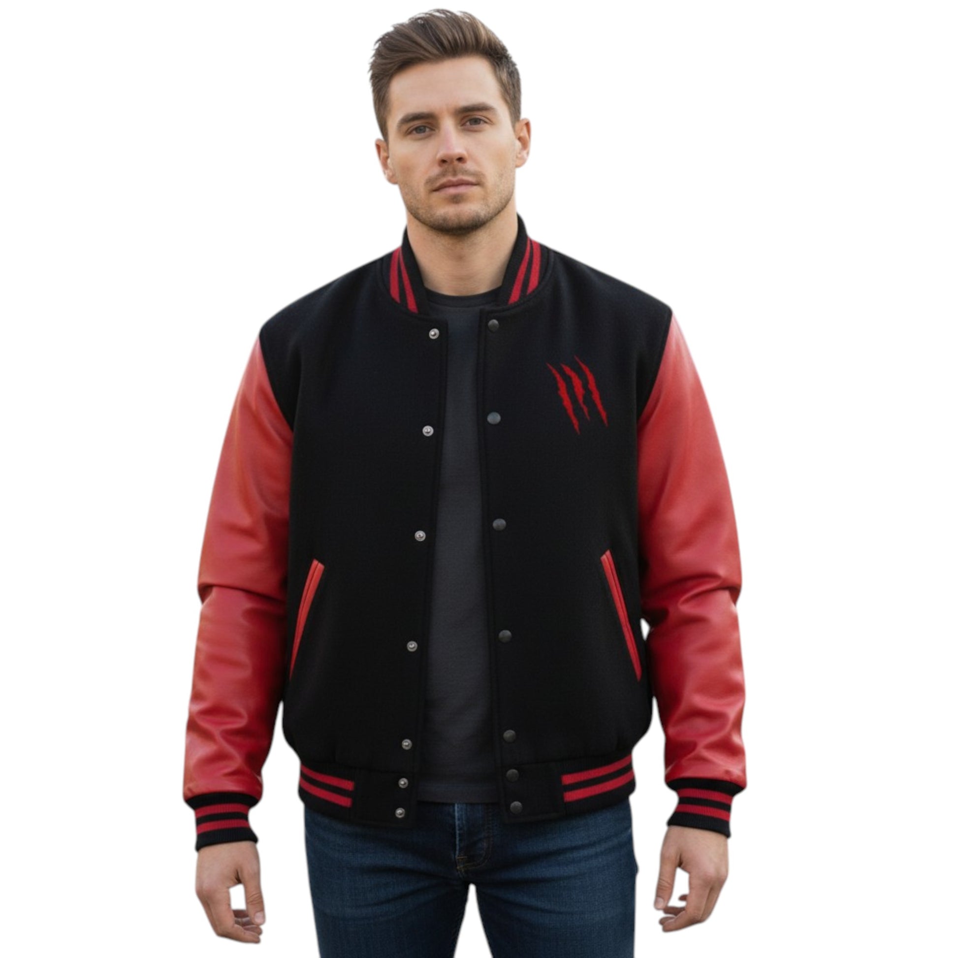 Man wearing a black and red varsity jacket on a white background