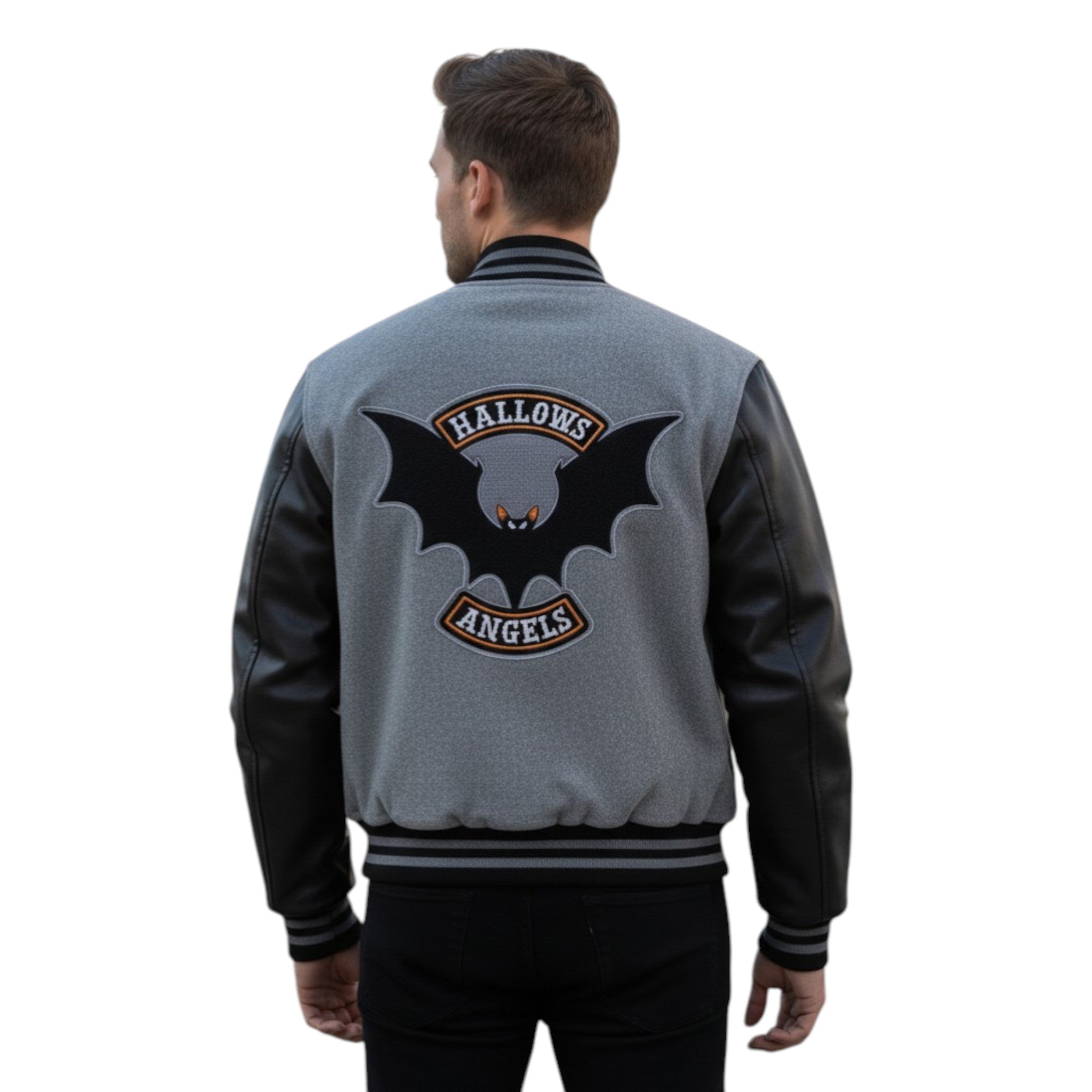 Person wearing a gray and black jacket with 'Hallows Angels' logo on the back