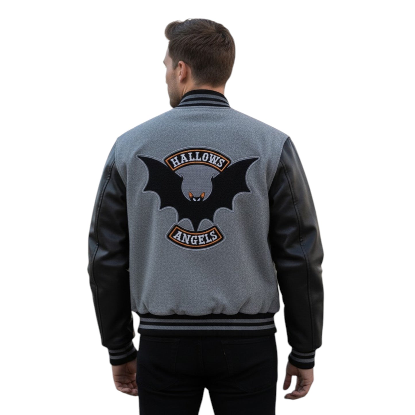 Person wearing a gray and black jacket with 'Hallows Angels' logo on the back