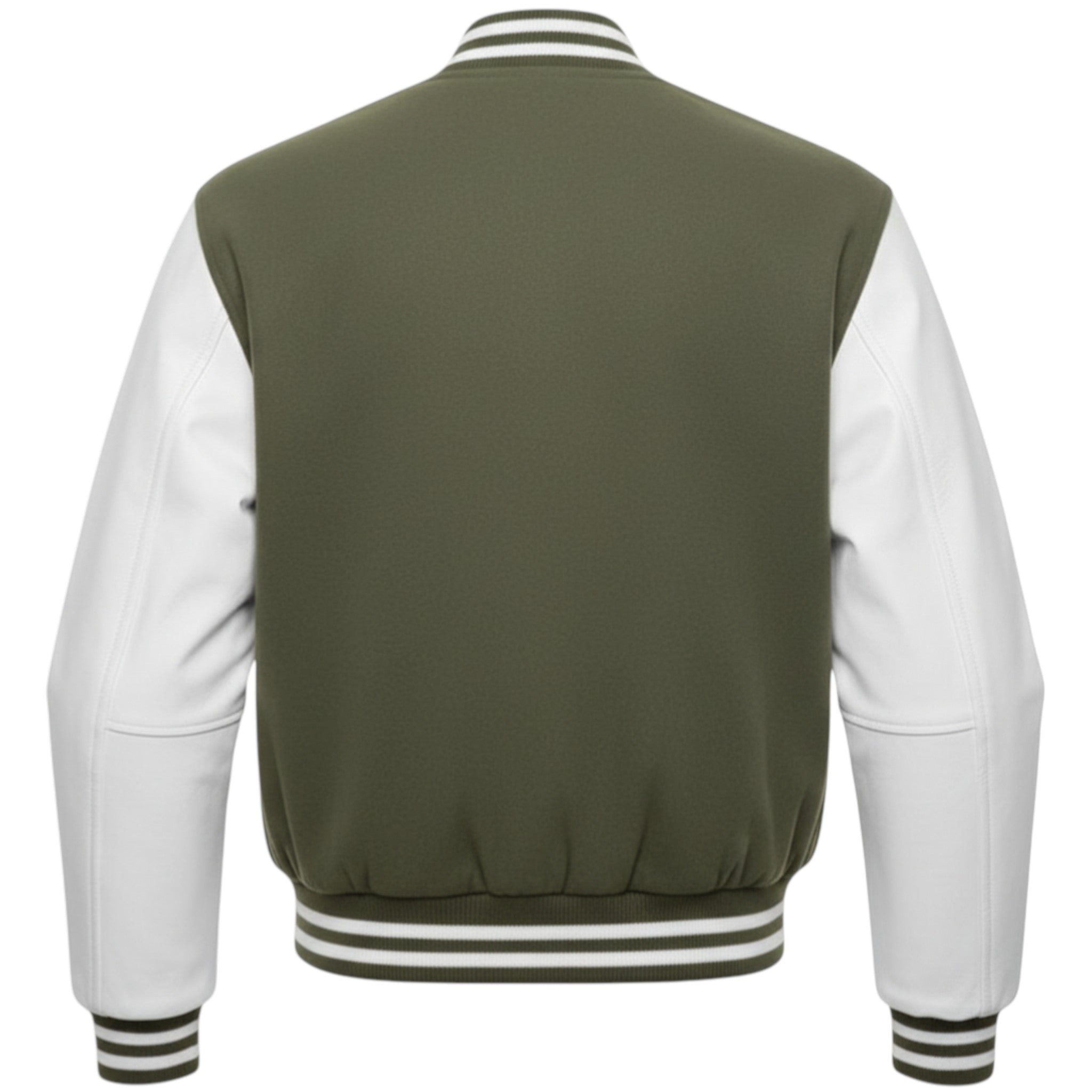 Green varsity jacket with white sleeves on a white background