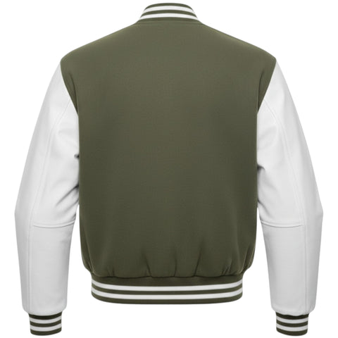 Green varsity jacket with white sleeves on a white background