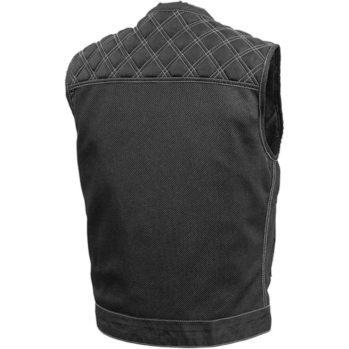 Black quilted vest on a white background