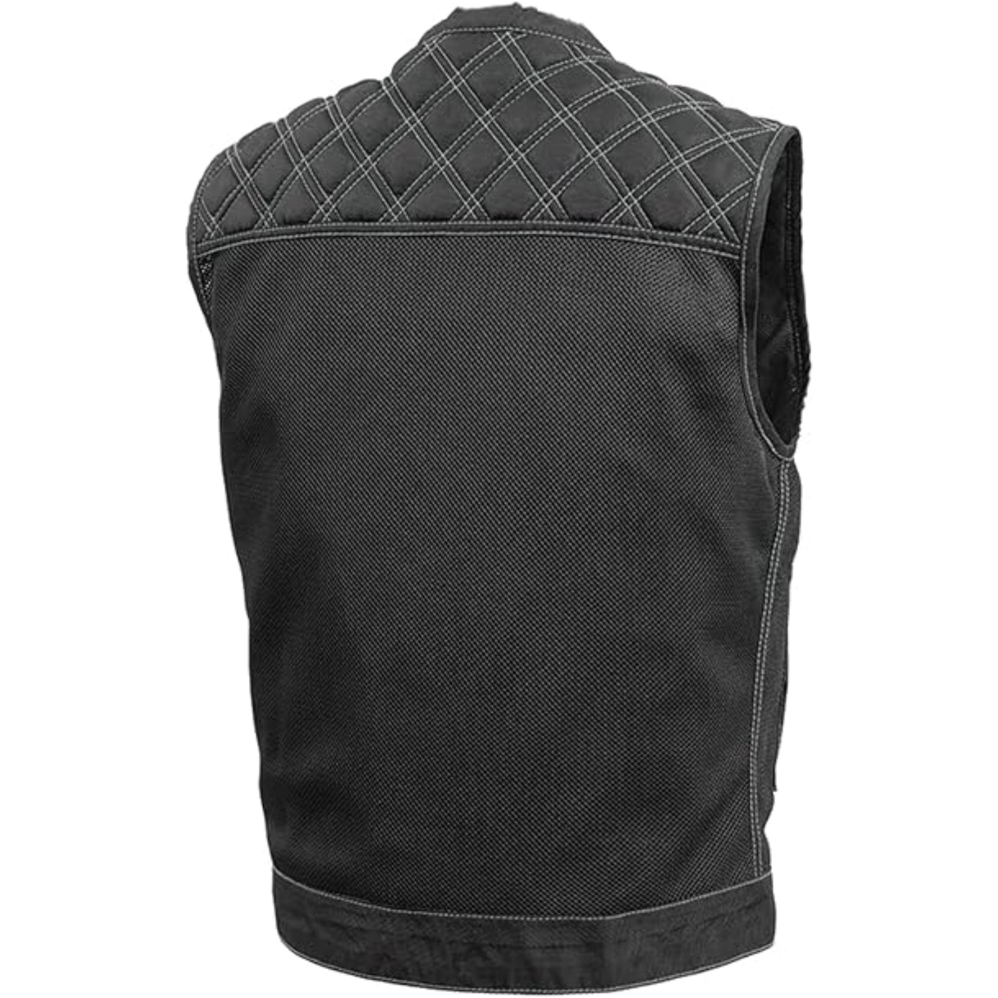 Black quilted vest on a white background