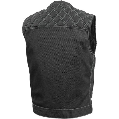 Black quilted vest on a white background