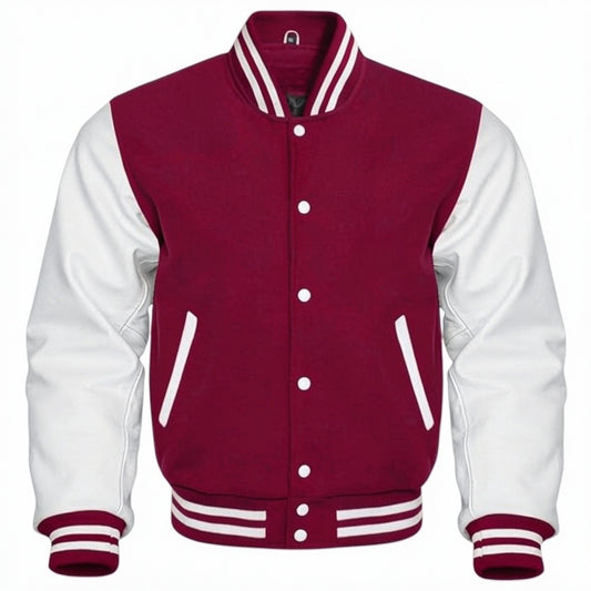 Maroon and white varsity jacket on a white background