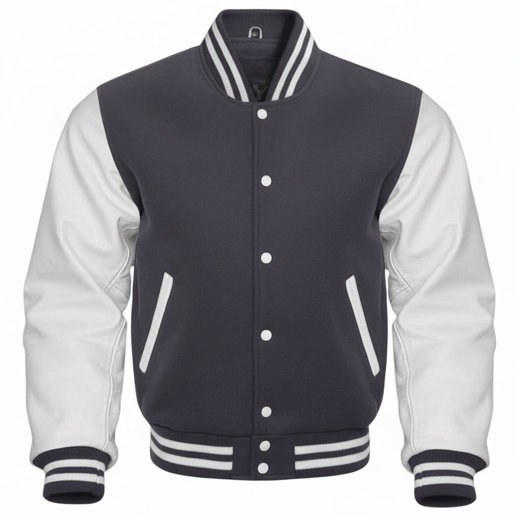 Black and white varsity jacket on a white background