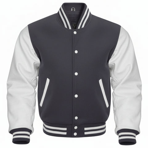 Black and white varsity jacket on a white background