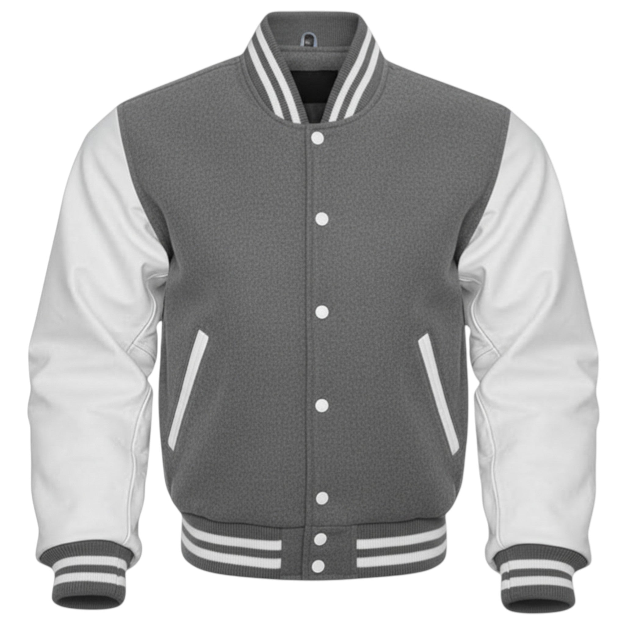 Gray and white varsity jacket on a white background