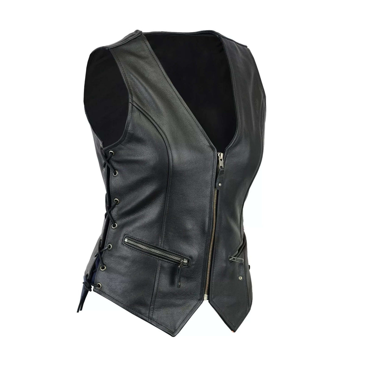 Black Leather Motorcycle Vest Cowhide Concealed Carry