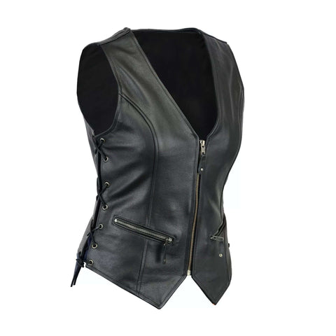 Black Leather Motorcycle Vest Cowhide Concealed Carry