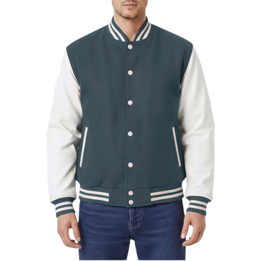 Man wearing a navy and white varsity jacket on a white background