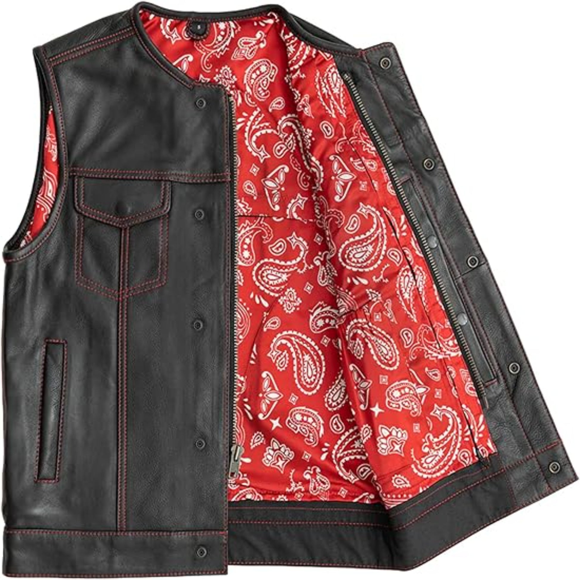 Black leather vest with red paisley pattern lining on a white background