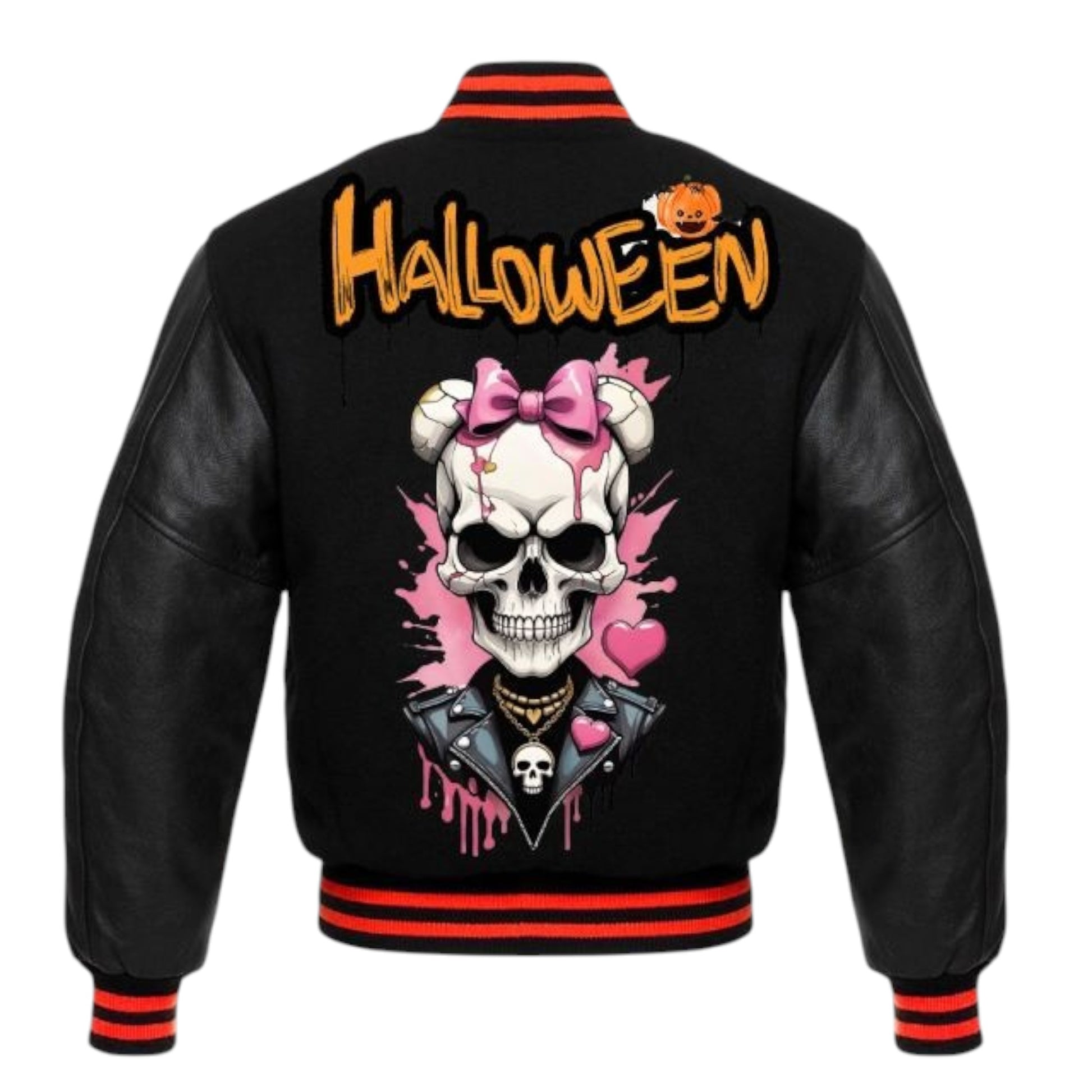 Black leather jacket with Halloween-themed design featuring a skull and pink bow on a white background.